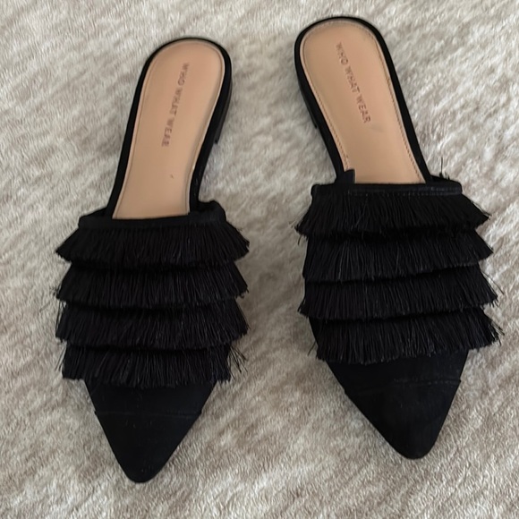 Women's Black Fringe Slide Sandals with black Swede toes - Picture 2 of 9